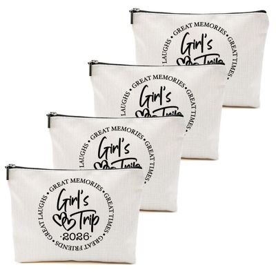4 Pcs Girls Trip Gifts Favors, Girls Weekend Gifts Makeup Bag, Bestie Weekend Bag Toiletry Bag with Liner, Vacation Cosmetic Bag, Friendship Gift for Women Friend Daughter, Graduation Gift