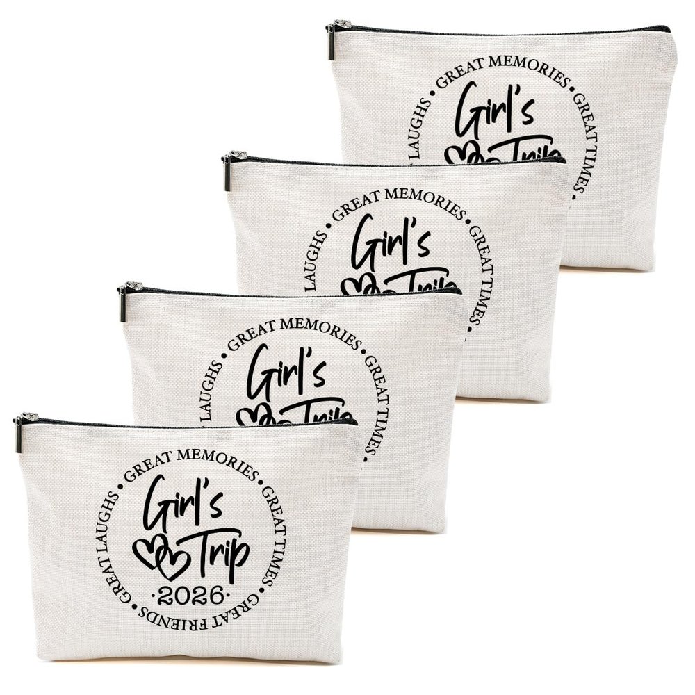 4 Pcs Girls Trip Gifts Favors, Girls Weekend Gifts Makeup Bag, Bestie Weekend Bag Toiletry Bag with Liner, Vacation Cosmetic Bag, Friendship Gift for Women Friend Daughter, Graduation Gift