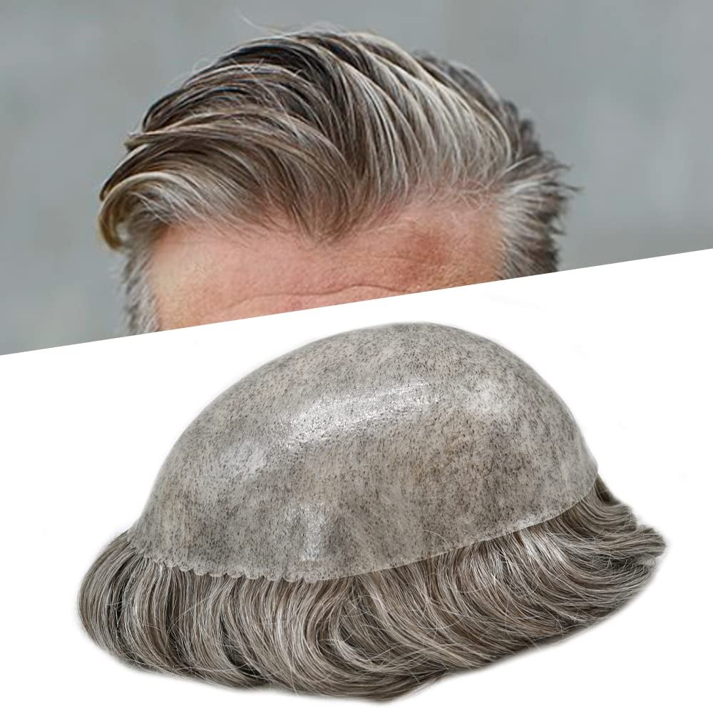 LYRICAL HAIR Toupee for Men Hair System Replacement Injected Poly Skin Mens Hairpiece Durable PU Wig for Men 7"X9" #750 Very Light Brown+50% Gray-110% Light to Medium Density