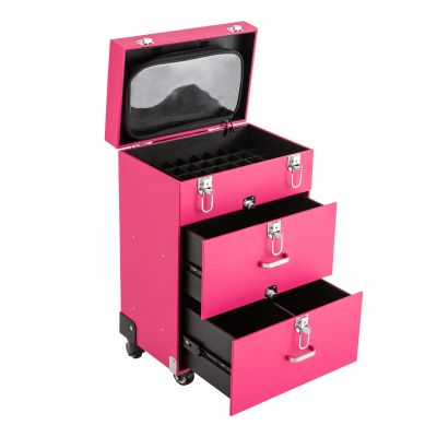 3 in 1 Professional Makeup Train Case Cosmetology Case on Wheels, Rolling Makeup Case Large Nail Travel Case for Nail Tech, Hair Stylist, Beautician (Pink)