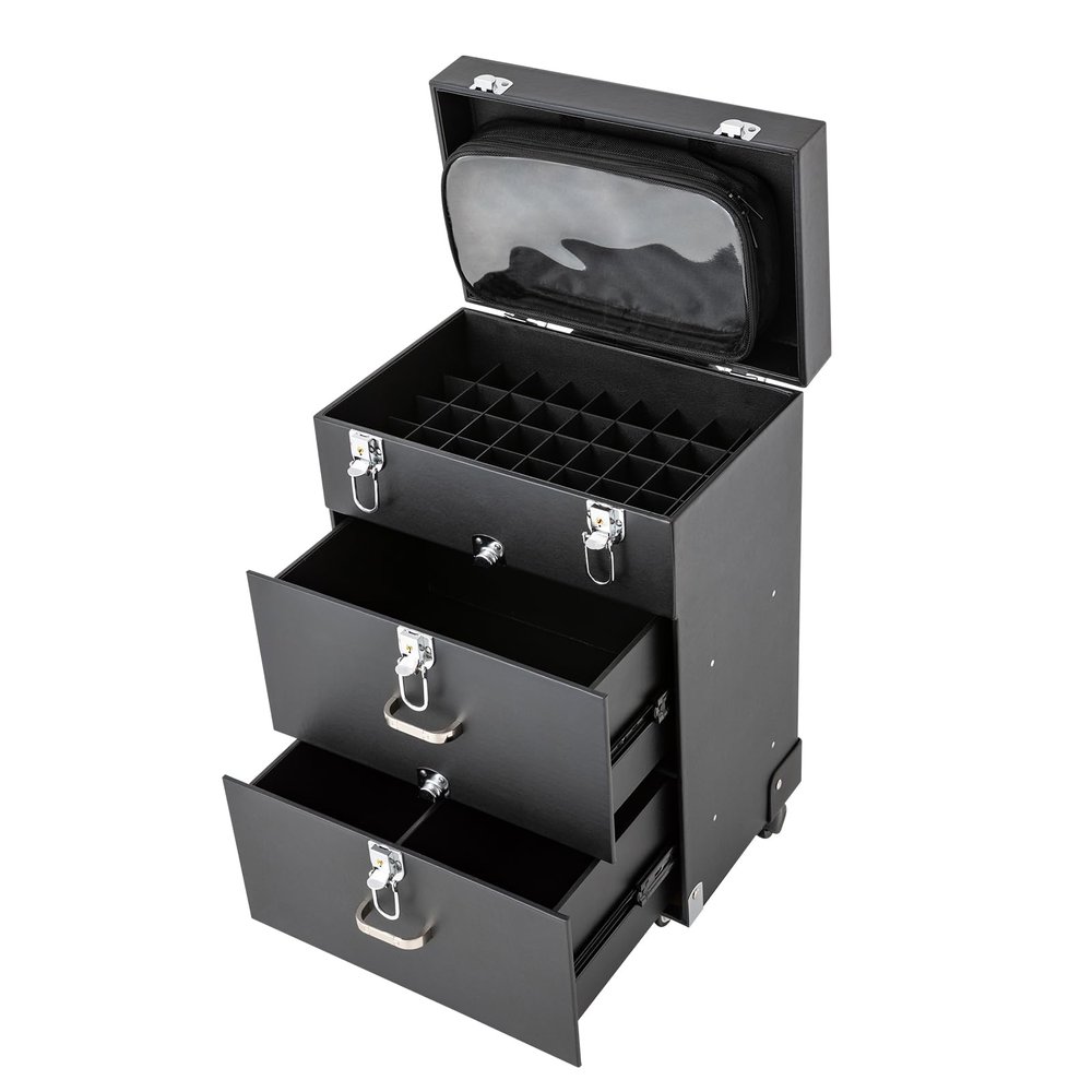 3 in 1 Professional Makeup Train Case Cosmetology Case on Wheels, Rolling Makeup Case Large Nail Travel Case for Nail Tech, Hair Stylist, Beautician (Black)