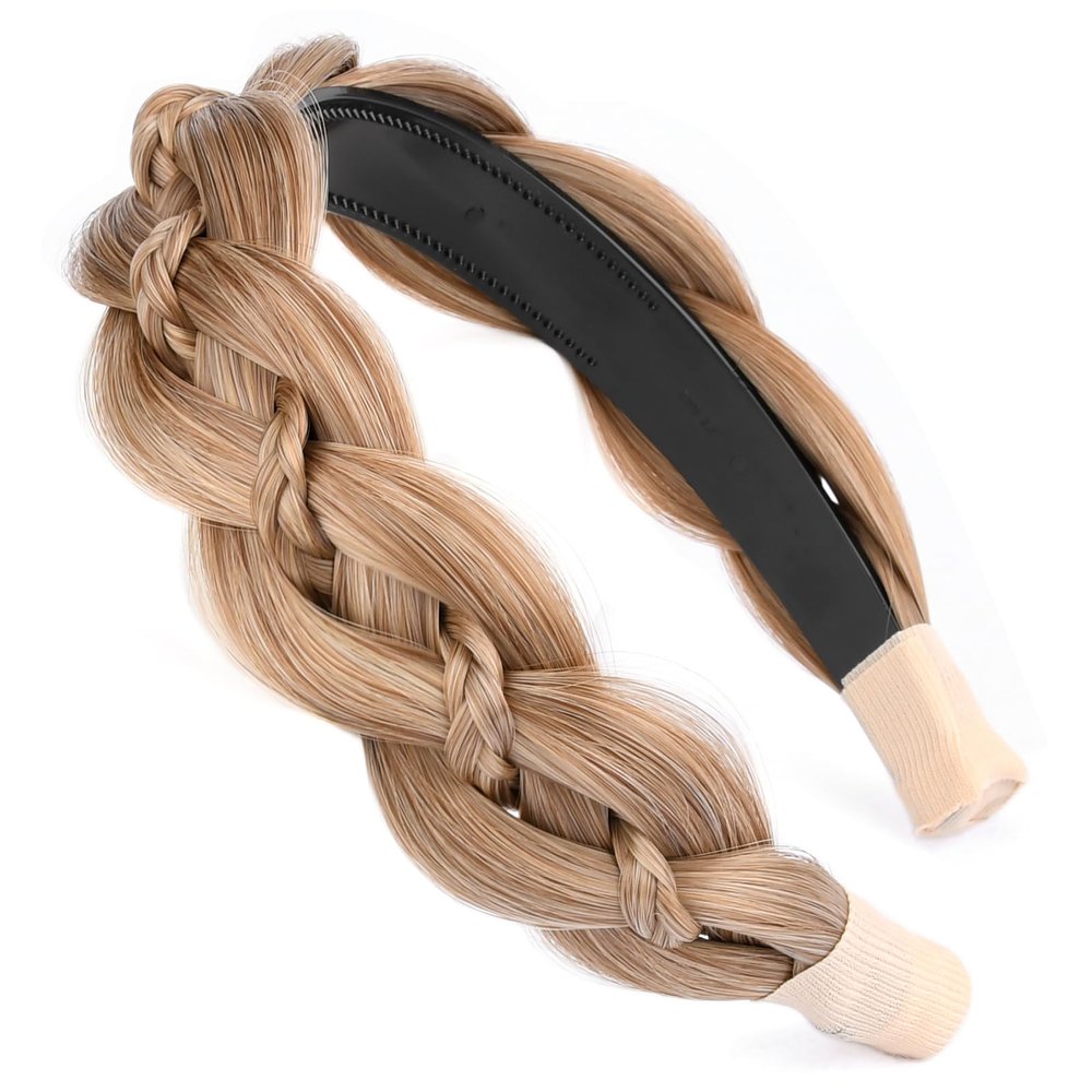 VOPPIS Wide Braided Headband with Teeth Synthetic Hair Plaited Headband Fishtail Braided Hair Band Hairpiece for Girls Women Beauty Accessory (Caramel Blonde, Wide)