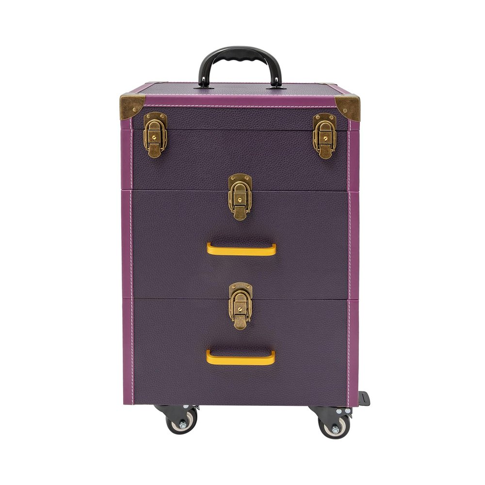 ATOLOMOTOR Professional Rolling Cosmetic Trolley,Bronze Purple Makeup Suitcase with Wheels&Drawer Handle,Aluminum Frame Makeup Train Organizer for Salon Barber Travel Case