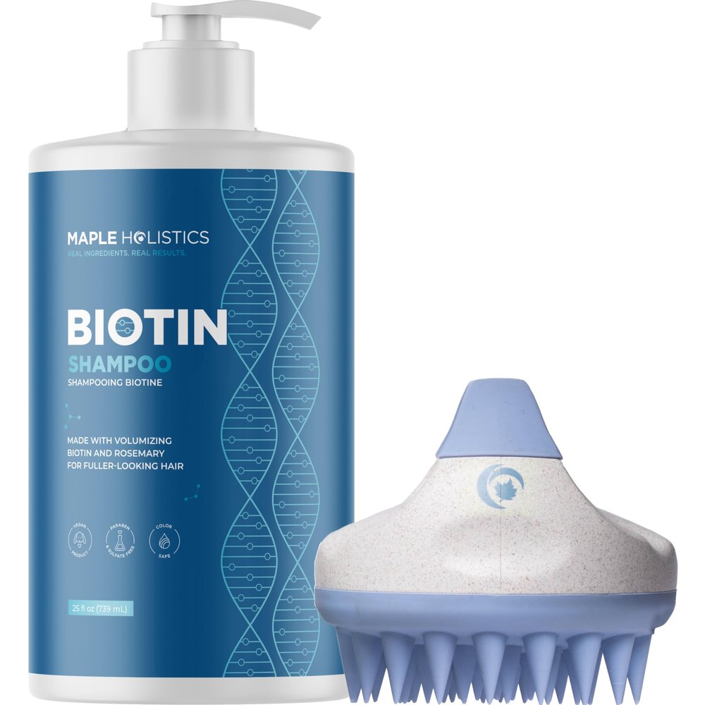 Exfoliating Shampoo Brush plus Biotin Shampoo Bundle - Hair Shampoo Brush and Scalp Exfoliator with Volumizing Shampoo made with Rosemary Essential Oil and Biotin for Thinning Hair