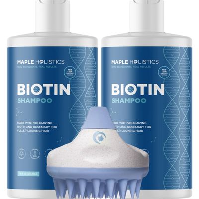 Exfoliating Shampoo Brush plus Biotin Shampoo - Hair Shampoo Brush and Scalp Exfoliators with Volumizing Shampoo Set made with Rosemary Essential Oil and Biotin for Thinning Hair