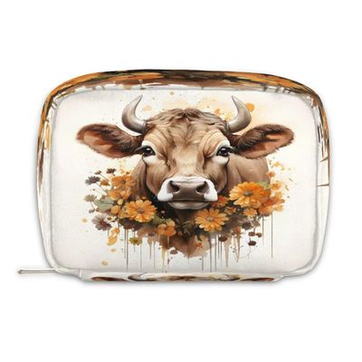 Shoblo Cattle Flower Small Makeup Bag Travel Cosmetic Bag Wide-Open Travel Toiletry Bag For Women Cute Small Makeup Bag For Purse Polyester Zipper Portable Waterproof