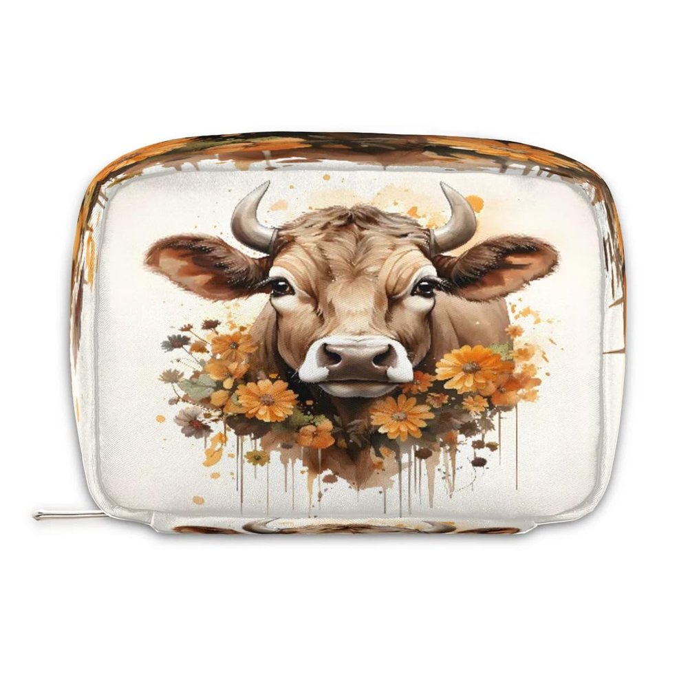 Shoblo Cattle Flower Small Makeup Bag Travel Cosmetic Bag Wide-Open Travel Toiletry Bag For Women Cute Small Makeup Bag For Purse Polyester Zipper Portable Waterproof