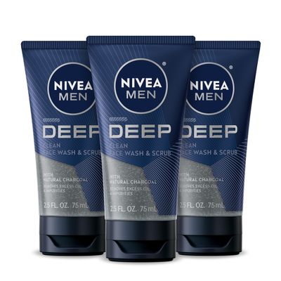 NIVEA MEN Deep Clean Face Wash and Scrub with Natural Charcoal, Exfoliating Face Wash for Men Removes Excess Oil, Dirt and Impurities, Beard Friendly Skin Care, 2.5 Fl Oz Tube, Pack of 3