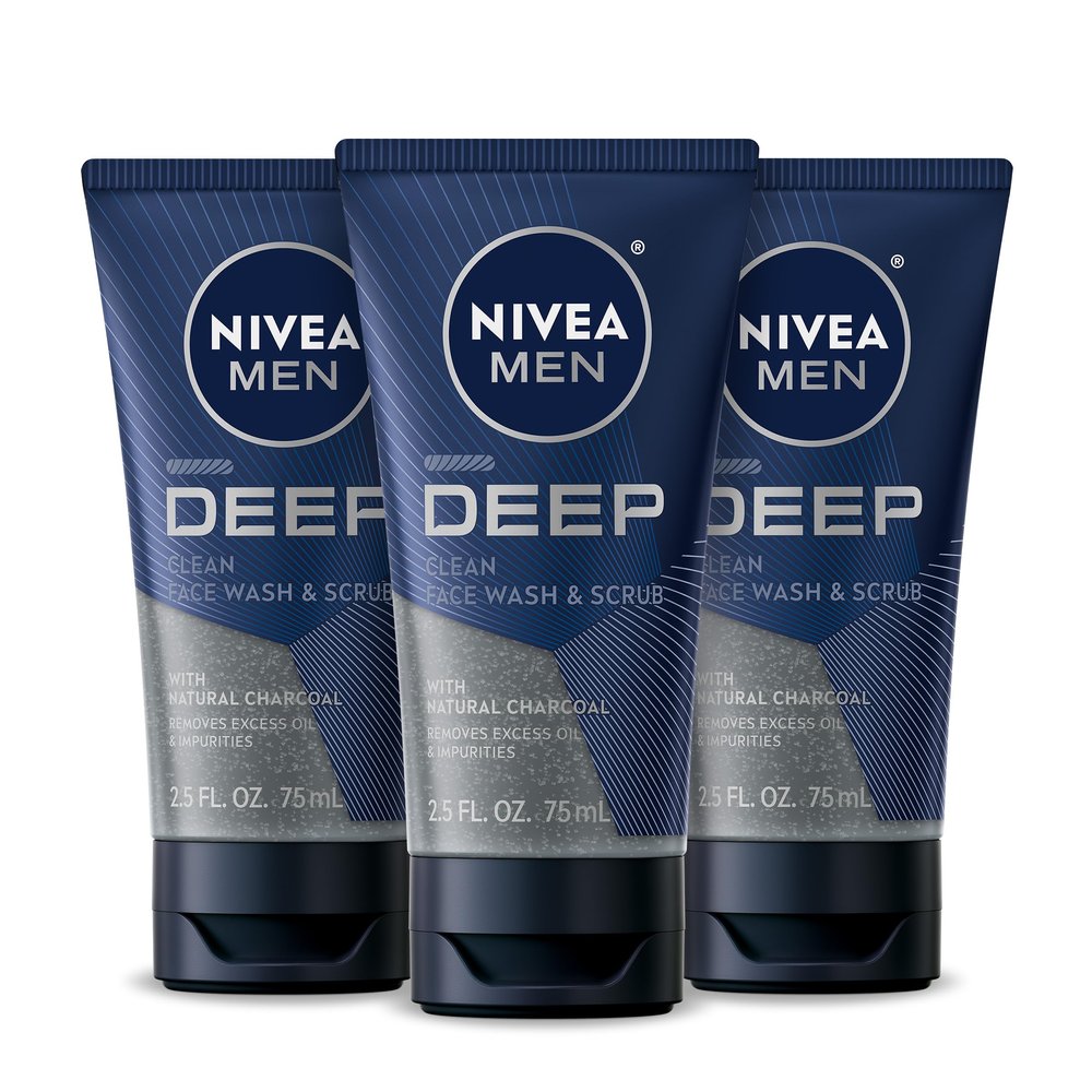 NIVEA MEN Deep Clean Face Wash and Scrub with Natural Charcoal, Exfoliating Face Wash for Men Removes Excess Oil, Dirt and Impurities, Beard Friendly Skin Care, 2.5 Fl Oz Tube, Pack of 3