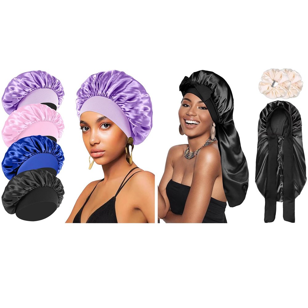 4PCS Silk Bonnet for Sleeping - Long Hair Satin Bonnets for Black Women Men,Hair Wrap Cap for Curly Hair,Elastic Wide Band Hair Bonnet Shower Cap with 2 Pcs Satin Scrunchies