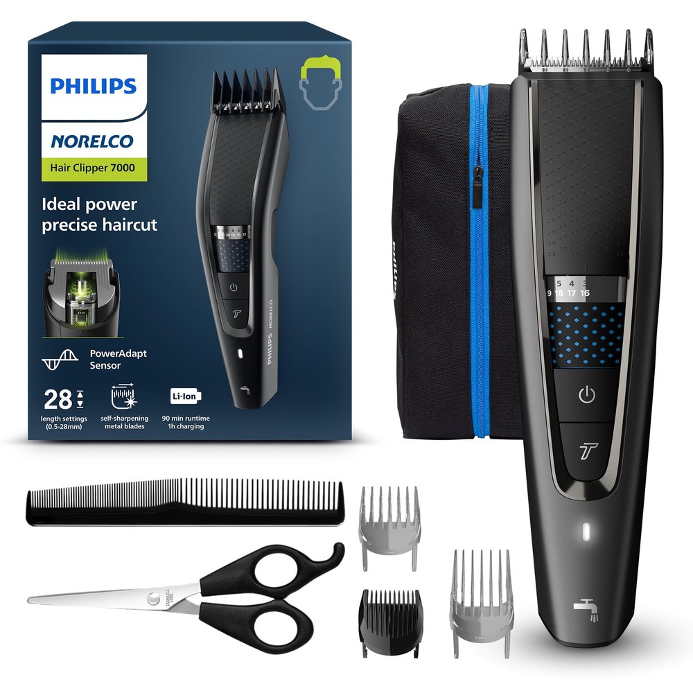 Philips Norelco Hair Clipper 7000 Series, Hair and Beard Trimmer, Precision Dial, PowerAdapt Sensor, Trim-and-Flow, DualCut, DuraPower, 28 Length Settings, 90 Min. Runtime, Model HC7650/40