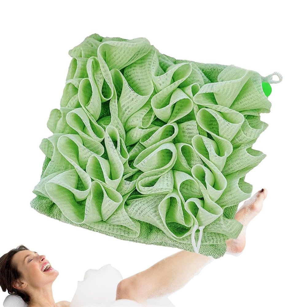 2 in 1 Bath Loofah Sponge and Washcloth, Bath Ball Towel Loofah with Drawstring, Shower Sponge for Travel (Green)