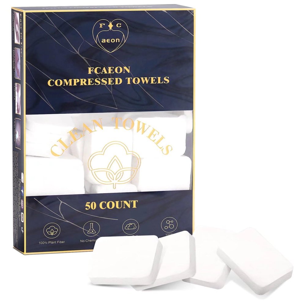 Fcaeon Disposable Face Towels 50 Count Compressed Towel Tablets 129 Inch Washcloths for Men Skincare Cleansing Hotel Stay Vacation Daily Use Gym Fitness Travel Essentials Outdoor Sports Cloths (Blue)