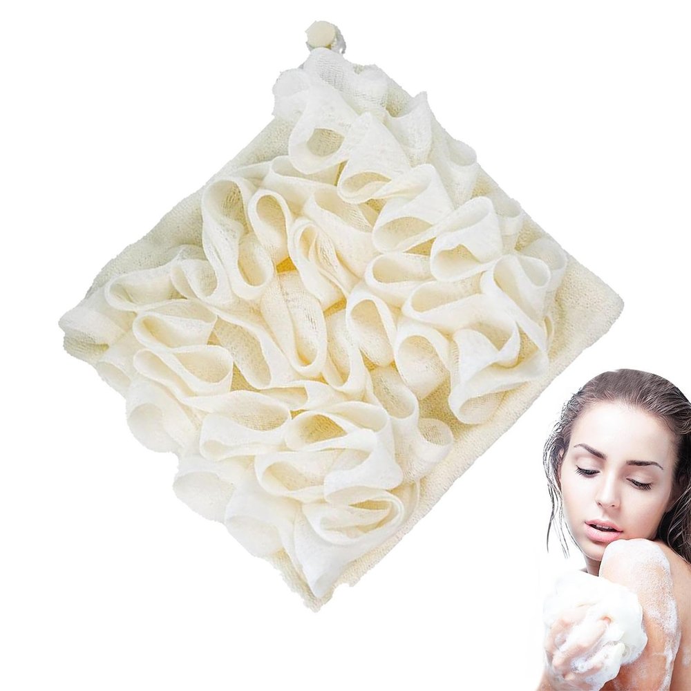 2 in 1 Bath Loofah Sponge and Washcloth, Bath Ball Towel Loofah with Drawstring, Shower Sponge for Travel (Beige)
