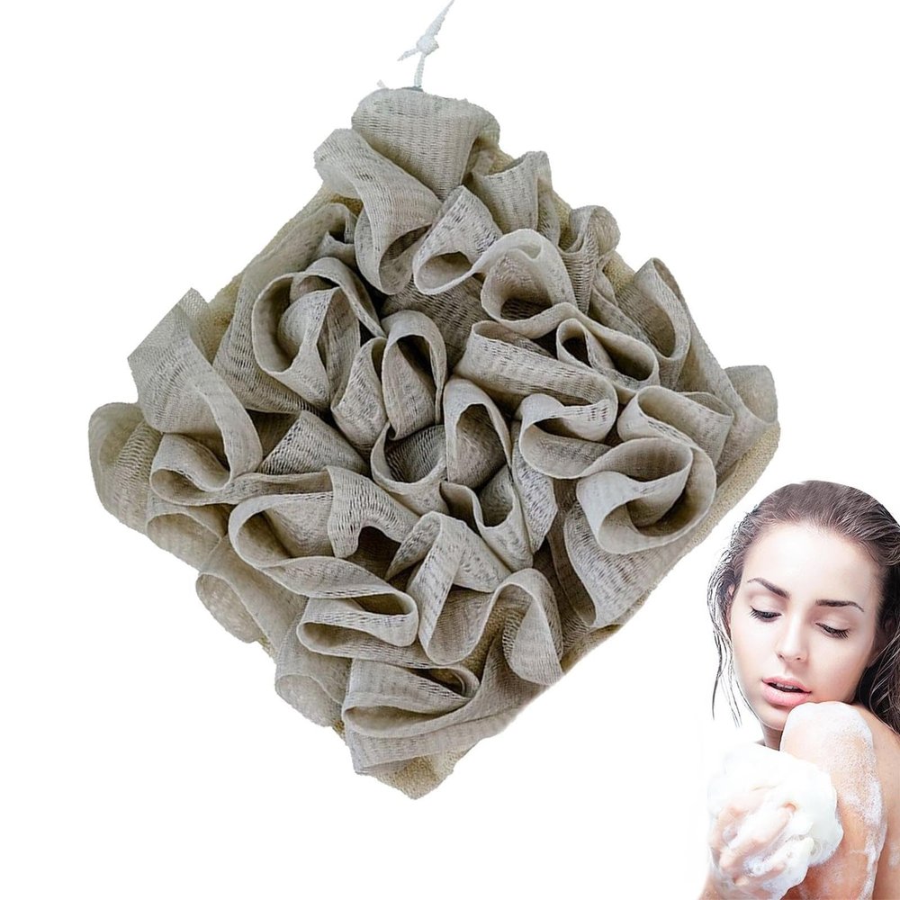 2 in 1 Bath Loofah Sponge and Washcloth, Bath Ball Towel Loofah with Drawstring, Shower Sponge for Travel (Khaki)