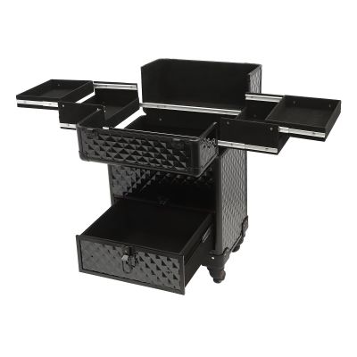 BRICZUNA Rolling Makeup Train Case Aluminum Alloy Rectangular 44.09lbs with 4 Wheels for Hair Stylists, Pet Groomers, Makeup Artists(Black)