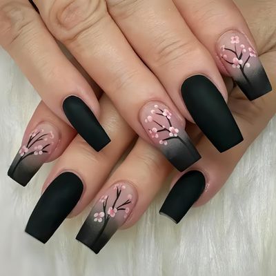 Fall Press on Medium Pink Black Gradient Square Coffin Glossy False Nails with Pink Flowers Designs - Full Cover Acrylic Glue on Stick on Nails for Women - 24PCS