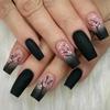 Fall Press on Medium Pink Black Gradient Square Coffin Glossy False Nails with Pink Flowers Designs - Full Cover Acrylic Glue on Stick on Nails for Women - 24PCS view 1