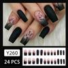Fall Press on Medium Pink Black Gradient Square Coffin Glossy False Nails with Pink Flowers Designs - Full Cover Acrylic Glue on Stick on Nails for Women - 24PCS view 2