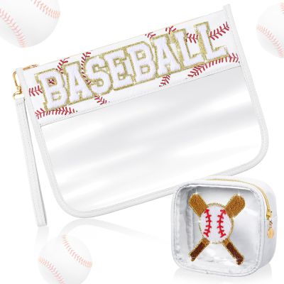 2 Pcs Baseball Snack Bags Christmas Gifts Makeup Cosmetic Bag Clear Chenille Letter Zipper Pouch Toiletry Purse Baseball Accessories Stuff Sport Portable Travel Storage Case for Mom Women Girl