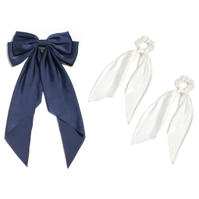 LFOUVRE 1pc Navy Hair Bow for Women and 2pcs White Hair Scarf Scrunchies