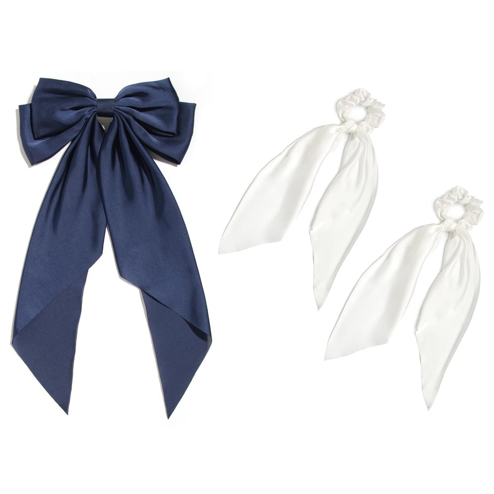 LFOUVRE 1pc Navy Hair Bow for Women and 2pcs White Hair Scarf Scrunchies
