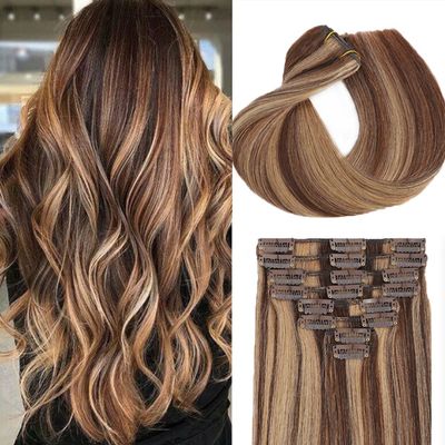 Clip in Hair Extensions Real Human Hair for Women Invisible Natural Straight Seamless Clip on Hair Extensions 8pcs Double Weft 90g (#4P/27 Medium Brown/Dark Blonde, 24 Inch)