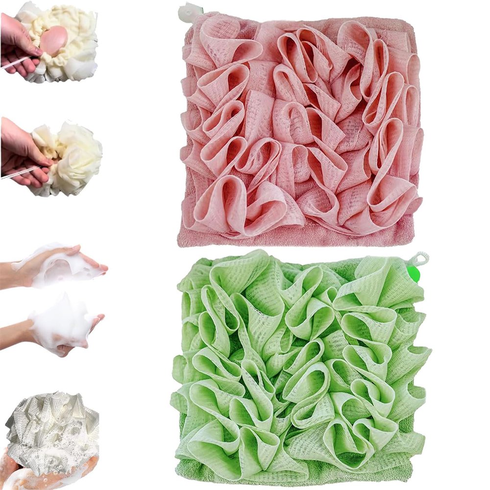 2 in 1 Soft Washcloth Loofah Combo, Bath Ball Towel Loofah with Drawstring (2pcs-E)