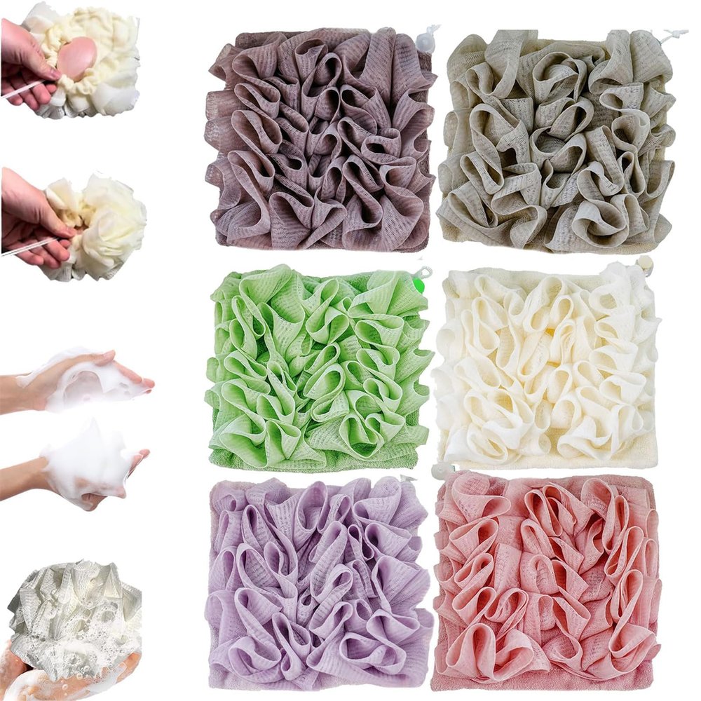 2 in 1 Soft Washcloth Loofah Combo, Bath Ball Towel Loofah with Drawstring (6pcs)