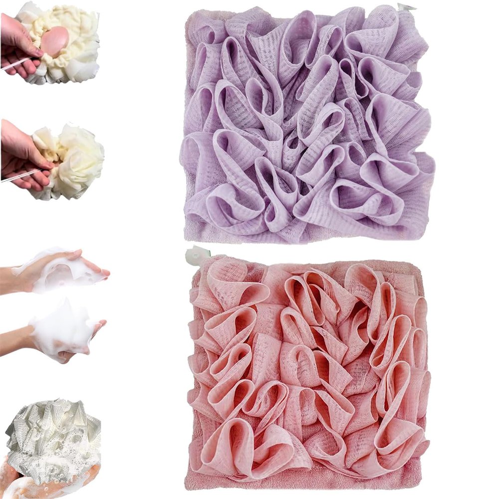2 in 1 Soft Washcloth Loofah Combo, Bath Ball Towel Loofah with Drawstring (2pcs-F)