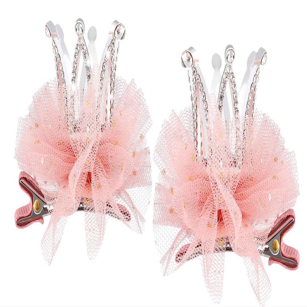 2pcs Crown Hair Pins, Princess Crown tiara Hair Clips, Tulle Mesh tiara (Pink)