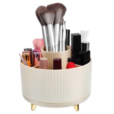 360 Rotating Makeup Brush Holder Organizer with Divided Compartments, Abs Cosmetic Storage Box for Vanity, Desktop, and Countertop Makeup Holder Beige