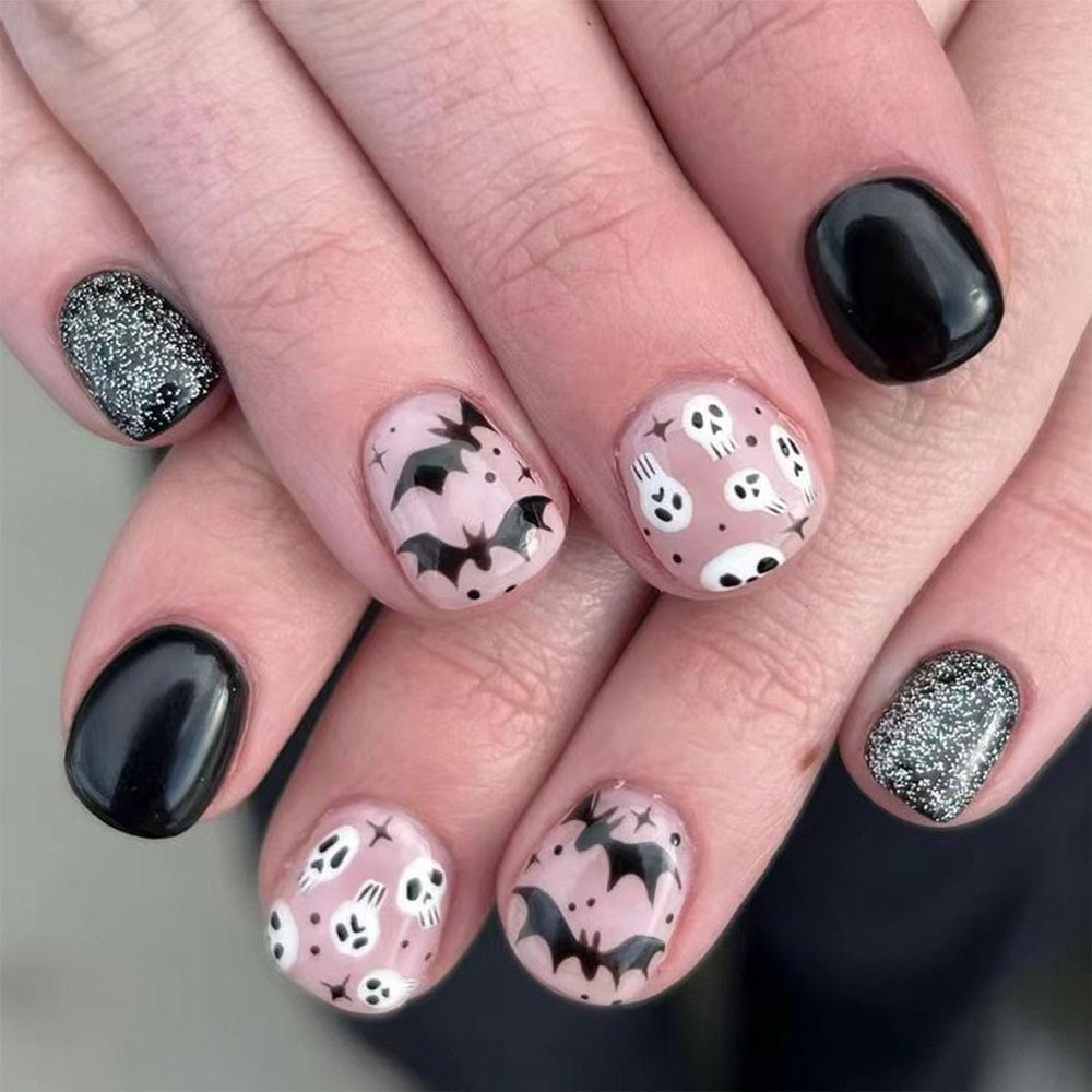 24Pcs Halloween Fake Nails - Black Press Ons Short Square Acrylic Nails with Bats Skull Design, Ghosts, Glossy Glitter Finish - Full Cover Glue Ons for Women - DIY Manicure