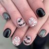 24Pcs Halloween Fake Nails - Black Press Ons Short Square Acrylic Nails with Bats Skull Design, Ghosts, Glossy Glitter Finish - Full Cover Glue Ons for Women - DIY Manicure view 1