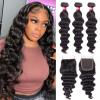 10A Loose Deep Wave Bundles with Closure Human Hair (12 14 16+12), 100% Unprocessed Raw Human Hair Weave with Closure, Brazilian Virgin Loose Curly Bundle Deals Natural Black Color view 1