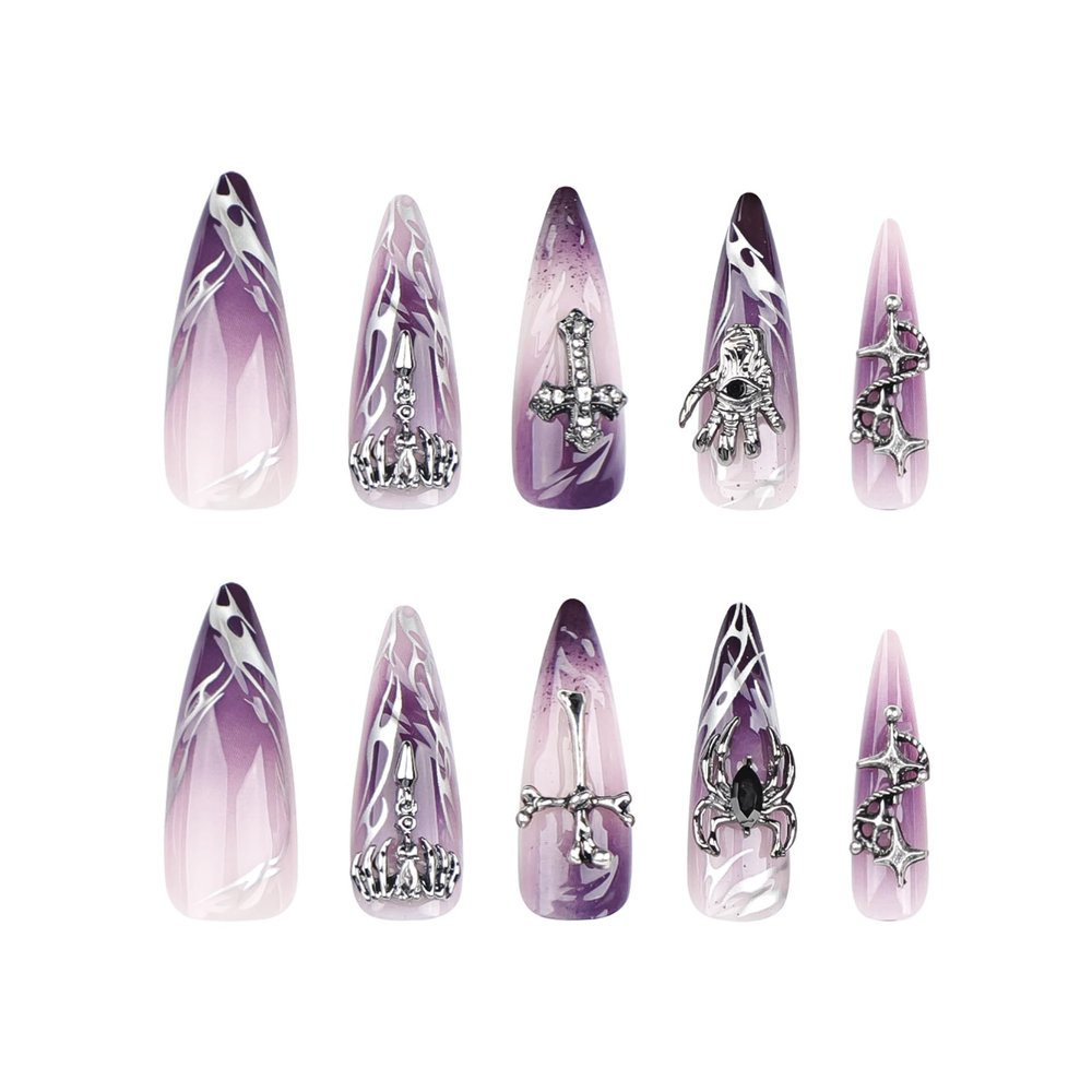 2 piece set Reusable glue Gel Gothic Mauve nail gradient Finger Metal Cross charm Design Spider Decal Halloween Cross Pattern Punk suitable for female girls Almond nails