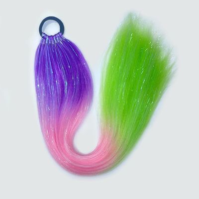 2PCS Long Ponytail 65cm Hair Extensions Rainbow Braid with Rubber Band Spicy Girl Wig Synthetic for Children (3-10purple-pink-green)