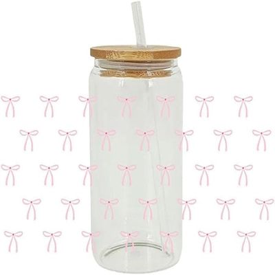 Pink Bow UV DTF Wraps Sticker for 16 oz Glass Cups - UV DTF Transfer Cup Wraps, Waterproof Rub on Transfers for Crafts, Vintage
