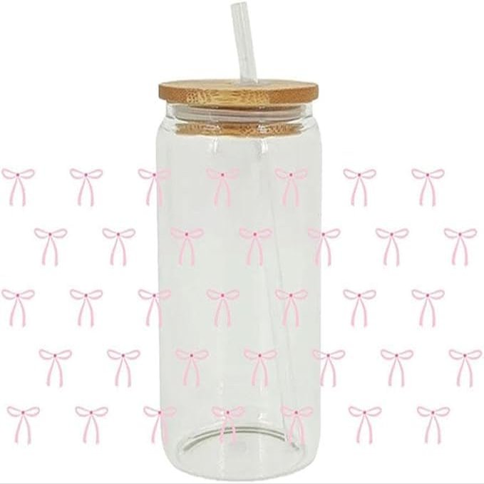 Pink Bow UV DTF Wraps Sticker for 16 oz Glass Cups - UV DTF Transfer Cup Wraps, Waterproof Rub on Transfers for Crafts, Vintage