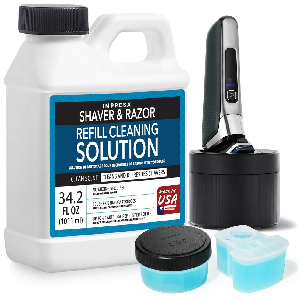 IMPRESA Electric Razor Cleaning Solution - Pre-Mixed Razor & Shaver Cleaning Solution - Compatible with Philips Norelco Quick Clean Pod Cartridge & SmartClean - Beard Trimmer Cleaner - 34.2 Fl Oz