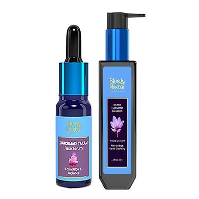 Blue Nectar Kumkumadi Face Wash with with Saffron for Women & Men (3.38 Fl Oz) along with Kumkumadi Face Oil, crafted with natural herbs for radiant skin (0.33 Fl Oz)