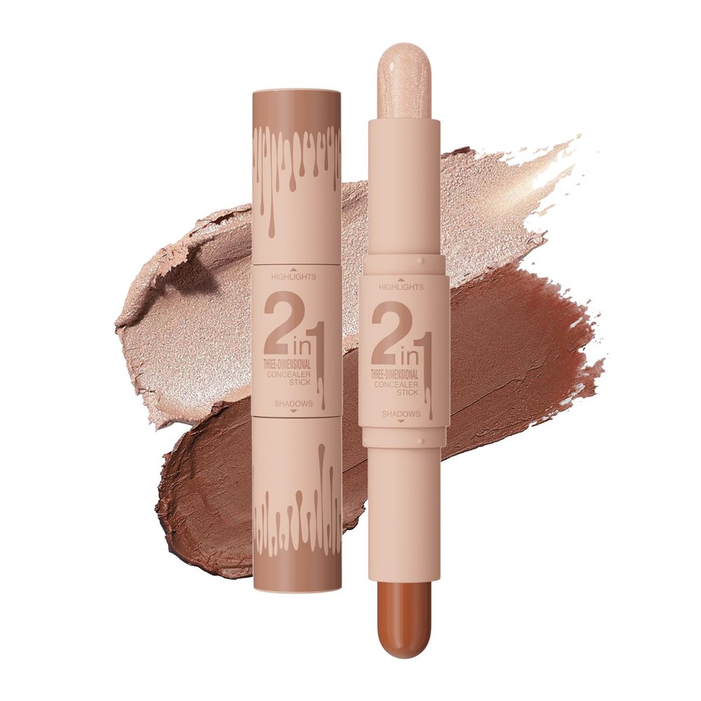Dual-Ended Cream Contour & Highlight Stick Set - Face Sculpting with Longwear Water-Resistant Formula, Natural Finish, Blendable for All Skin Tones (Pearl White, Dark Brown)