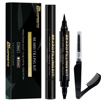 3 PCS Beard Pen Filler for Men - Black 4 Tip Pen for Natural Looking Appearance - 2 Fillers & 1 Double Head Brush - Waterproof Four Fork Eyebrow Pencil Eyeliner (Black)