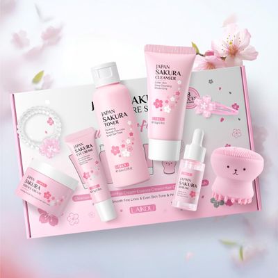1 Pack Skin Care Set, Containing Facial Cleanser + Toner + Serum + Eye Cream+ Essence Cream+ Hair Clip + Facial Cleansing Brush + Hair Tie