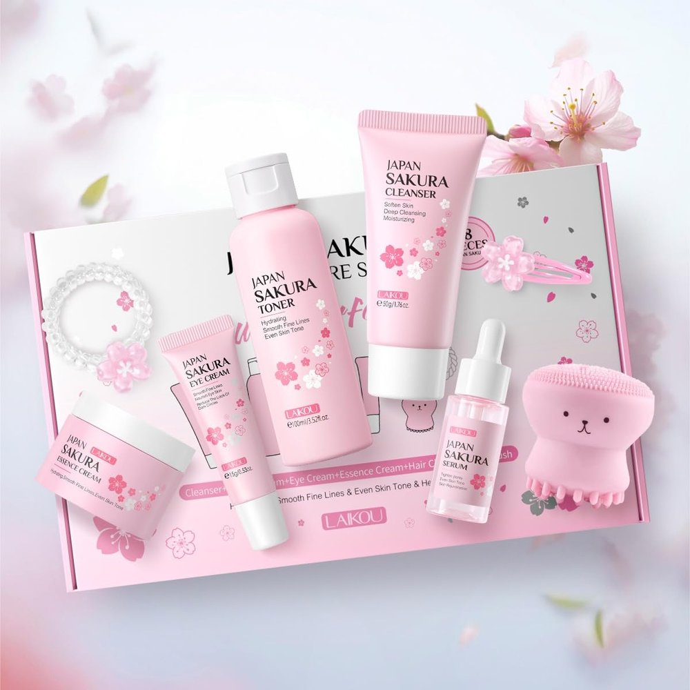 1 Pack Skin Care Set, Containing Facial Cleanser + Toner + Serum + Eye Cream+ Essence Cream+ Hair Clip + Facial Cleansing Brush + Hair Tie