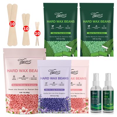 VENNCO Wax Beads Set + 1lb Pink Wax Beans for Sensitive Skin for Facial, Eyebrows, Arms, and Brazilian Area for Home Use