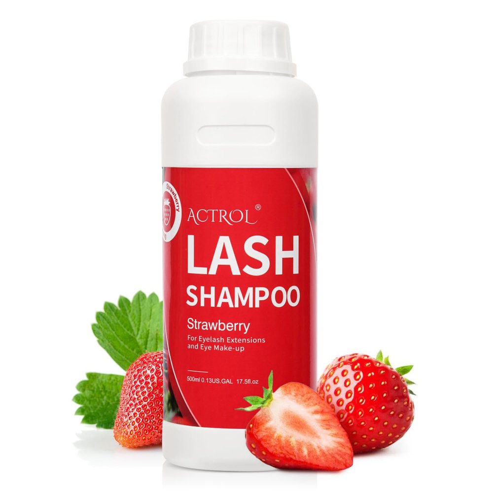 ACTROL Eyelash Extension Cleanser 500ml Strawberry Natural Lash Extension Shampoo Professional Eyelid Foaming Cleanser Paraben & Sulfate Free Non-lrritating with Salon and Home Care