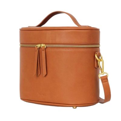 FAWN DESIGN The Train Case, Faux Leather Skin Care Brown Makeup Bag with Adjustable Messenger Strap, Travel Toiletry Bag 4 Elastic Band Holders, 5 Interior Pockets and 1 Zipper Pocket, 10x6x8 inches