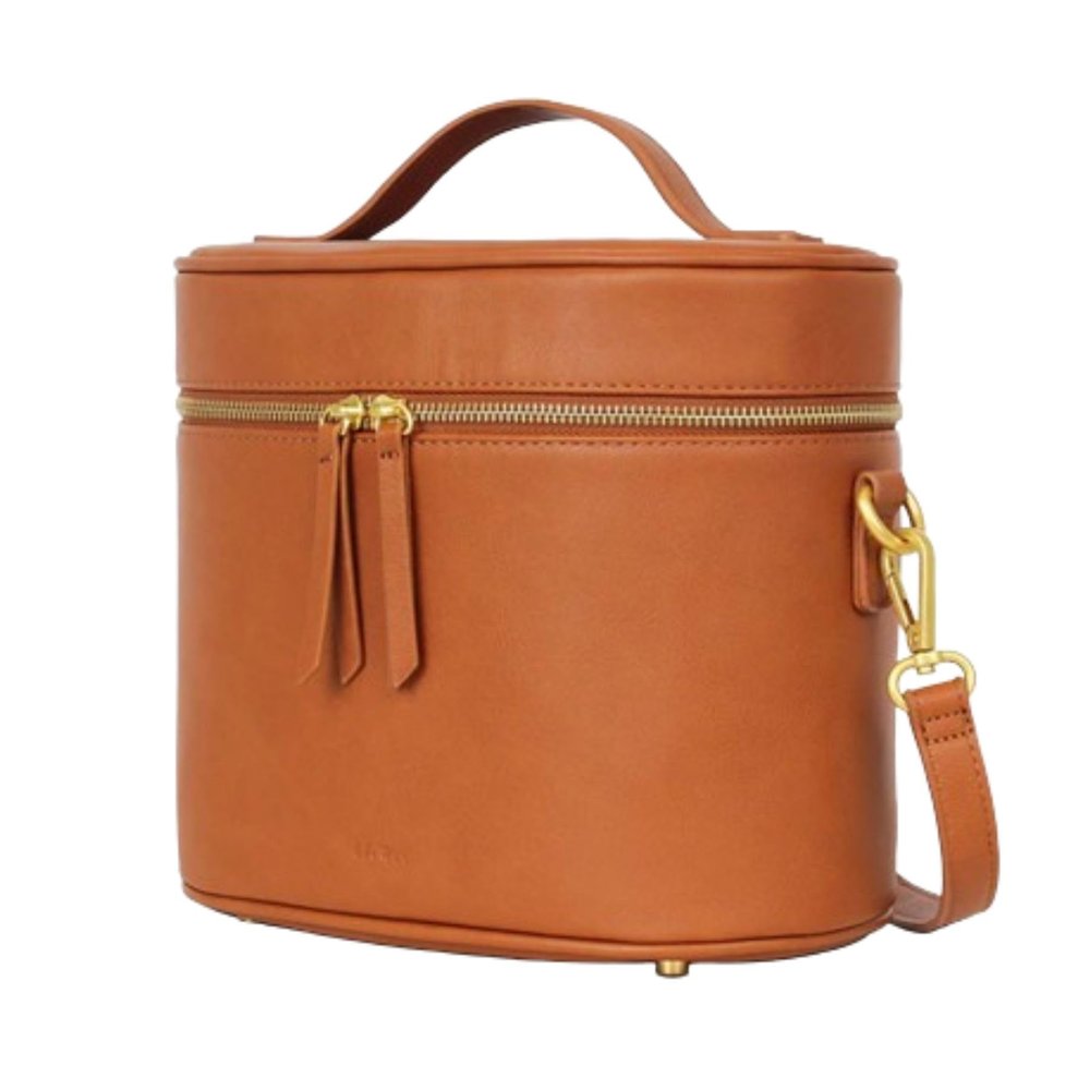 FAWN DESIGN The Train Case, Faux Leather Skin Care Brown Makeup Bag with Adjustable Messenger Strap, Travel Toiletry Bag 4 Elastic Band Holders, 5 Interior Pockets and 1 Zipper Pocket, 10x6x8 inches