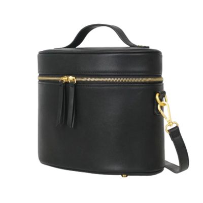 FAWN DESIGN The Train Case, Faux Leather Skin Care Black Makeup Bag with Adjustable Messenger Strap, Travel Toiletry Bag 4 Elastic Band Holders, 5 Interior Pockets and 1 Zipper Pocket, 10x6x8 inches